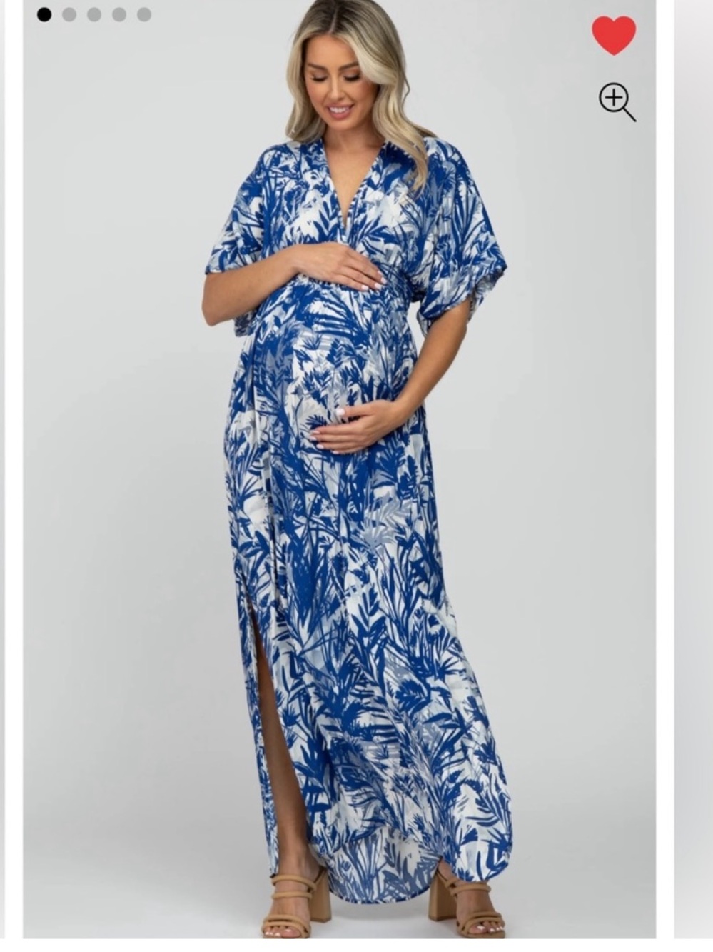 Maternity Blue and White Palm-Print V-Neck Maxi Dress